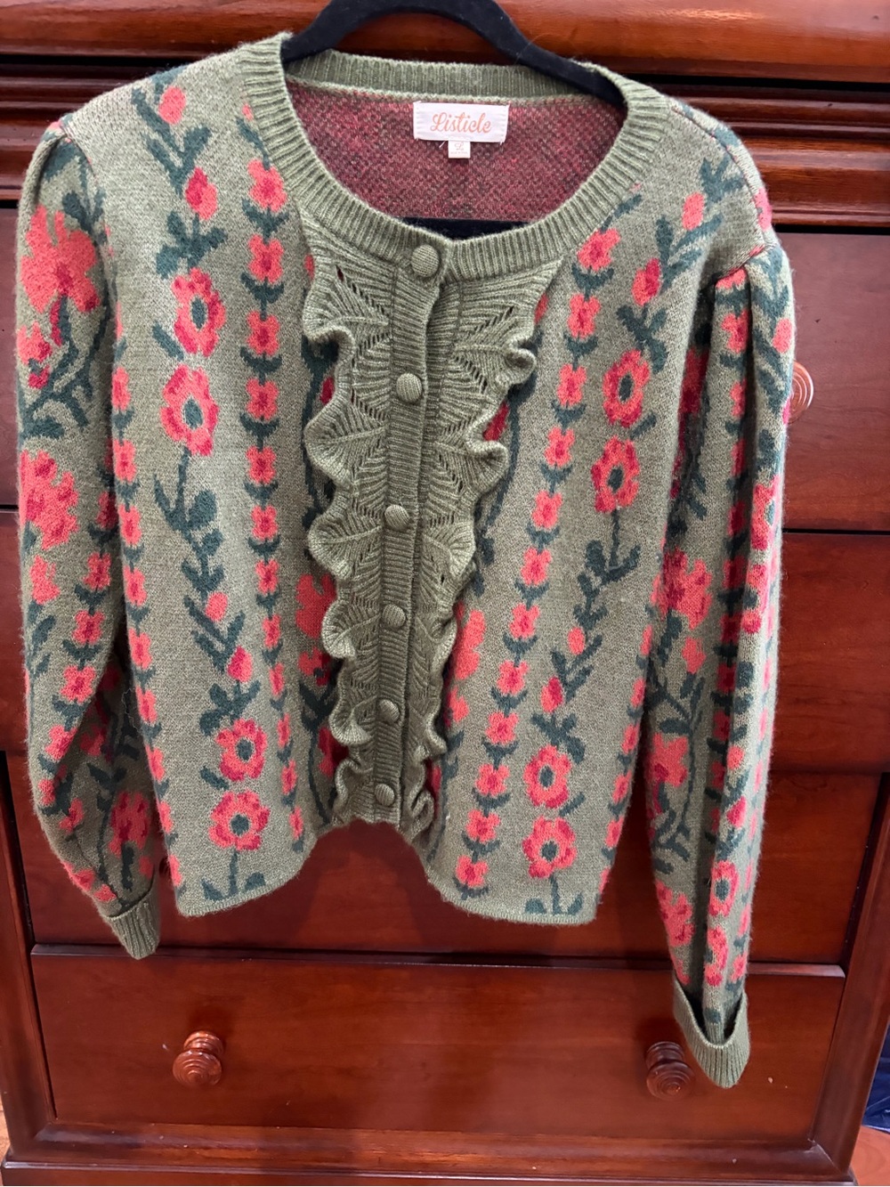Olive Green Floral Knit Cardigan Sweater
